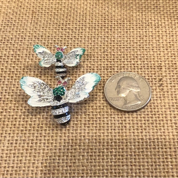 Vintage bees / wasps pins brooch set of 2, silver & teal.  Mom and baby - Picture 7 of 9